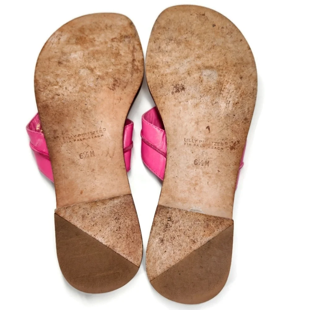 Lilly Pulitzer via Palm Beach McKim Pink Leather Gold Ring Thong Slide Sandals